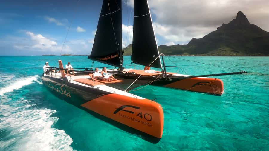 Bora Bora: Half Day Catamaran Sailing & Snorkelling - Sailing toward Mount Otemanu with the engine off